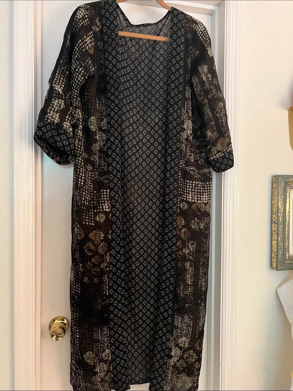 Black Patterned Long Open Kimono Duster